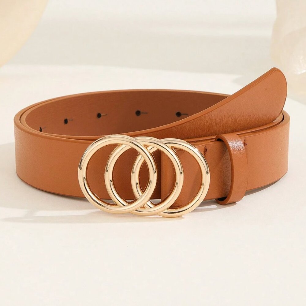 Vegan Leather 3-Ring Buckle Gold Color Belt Brown